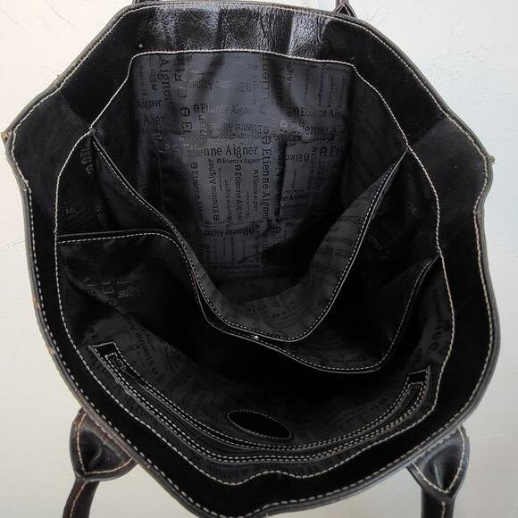 Etienne Aigner Large Black Leather White Stitch Tote Great Computer or Beach Bag - Picture 9 of 10